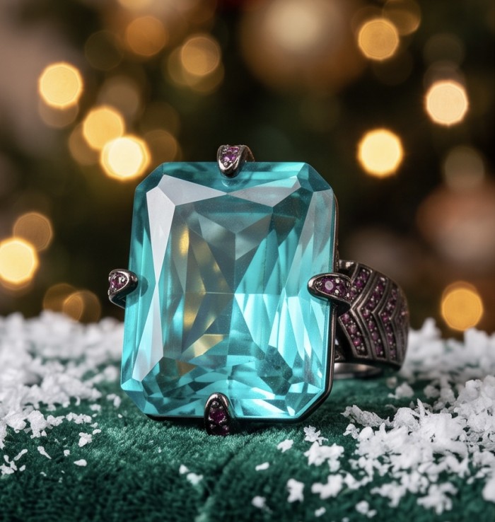 Authentic 24.1 carat Aquamarine Black rhodium over .925 Sterling Silver Handcrafted Ring size 7 - Close-up of a 24.1 carat aquamarine ring on snowy textile background.