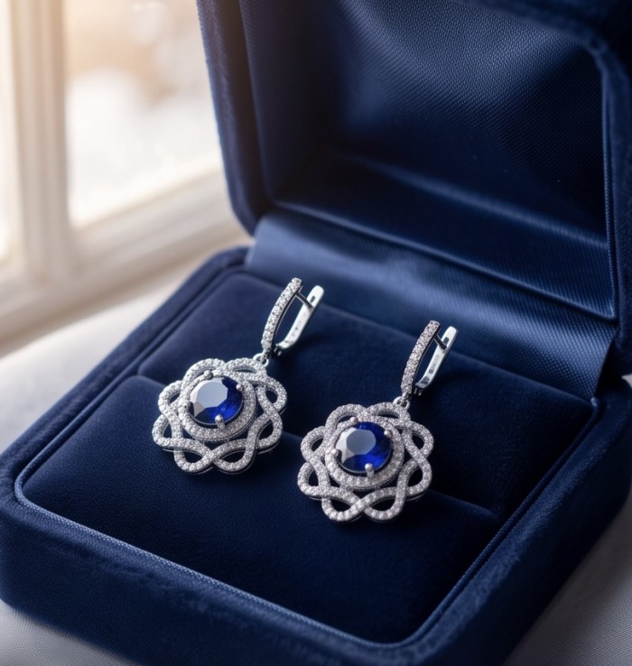Authentic pear cut 4.1 carat Sapphire .925 Sterling Silver handcrafted earrings - Earrings in box with Sapphire stones and Sterling Silver details.