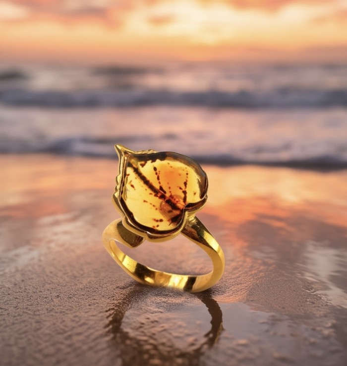 Golden Leaf Authentic Golden carved Baltic Amber .925 Sterling Silver entirely handcrafted ring; s. 8 adjustable - Close-up of golden leaf ring with amber, ocean sunset background.