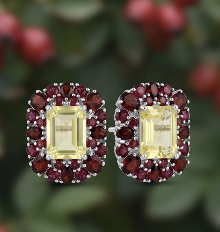 Victoria Authentic 10.5 carat Brazilian Citrine .925 Sterling Silver brilliantly dipped in rhodium handcrafted Statement earrings - Front view of Victoria Authentic Citrine and Garnet Earrings