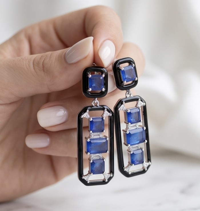 Art Deco 11.5 carat Sapphire black enamel .925 Sterling Silver handcrafted earrings - Close-up of Art Deco sapphire and black enamel earrings in hand.