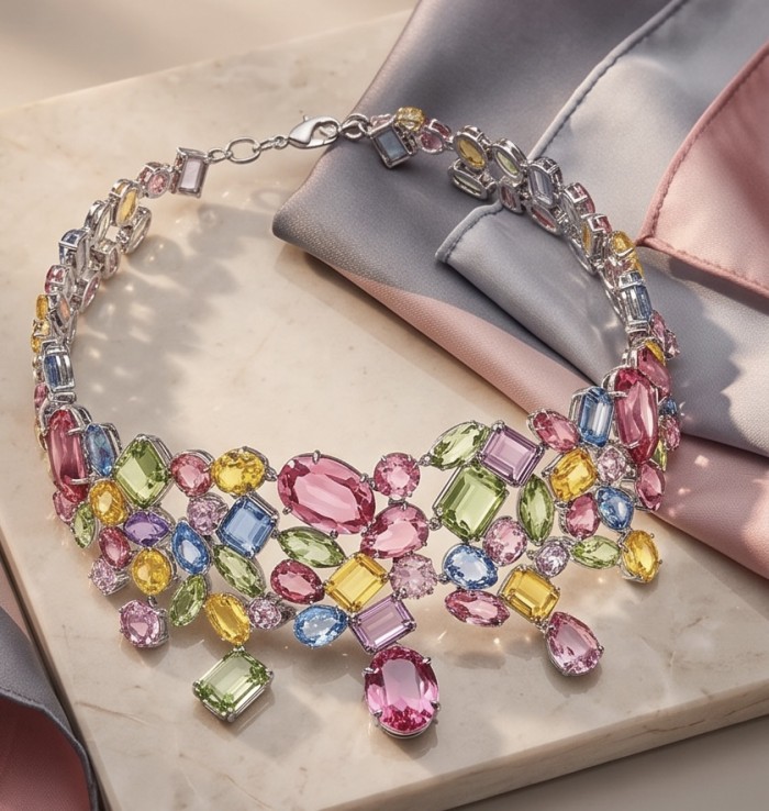 Dolce Vita 184.5 carat multicolor Topaz .925 Sterling Silver rhodium over handcrafted Statement Choker necklace - Top view of multicolor topaz necklace on fabric background.