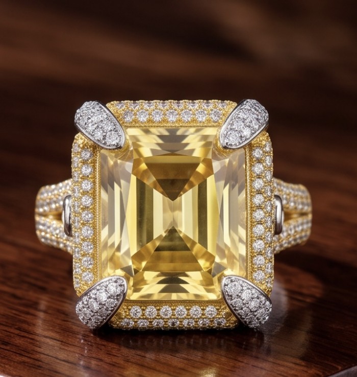 Wearable Art - Solid 27.2 carat Genuine Yellow Sapphire .925 Sterling Silver handcrafted ring size 6 1/2 - Close-up of 27.2 carat yellow sapphire ring with diamond accents