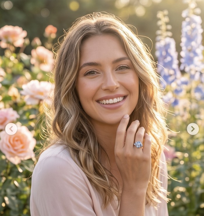 Pacifica 3.8 carat Swiss Blue Topaz .925 Sterling Silver handcrafted ring size 9 - Woman wearing Pacifica 3.8 carat Swiss Blue Topaz ring in garden setting.
