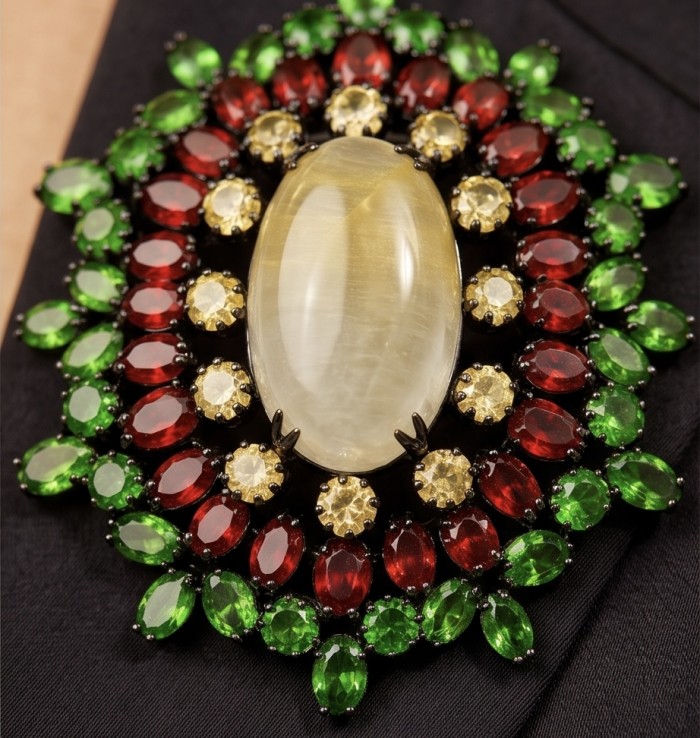 Giovanna 32.2 carat Golden Rutilated Quartz black rhodium over .925 Sterling Silver handmade Pendant - Brooch - Close-up of Giovanna 32.2 carat Golden Rutilated Quartz brooch