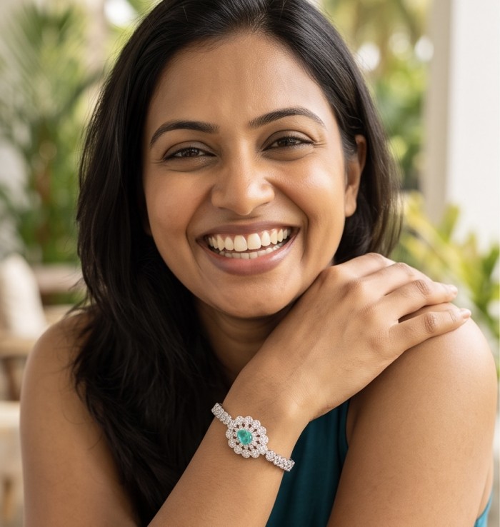 Estelle - Authentic 3.2 carat COLOMBIAN EMERALD .925 Sterling Silver handcrafted Statement Bracelet - Woman smiling, wearing Estelle Colombian emerald bracelet on wrist.