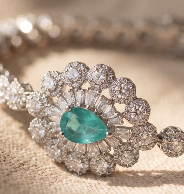 Estelle - Authentic 3.2 carat COLOMBIAN EMERALD .925 Sterling Silver handcrafted Statement Bracelet - Close-up of Estelle Colombian emerald and diamond bracelet detail