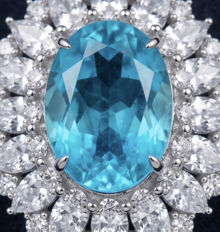 Brazilian's Briliance - oval cut 24.7 carat Paraiba Tourmaline .925 Sterling Silver handcrafted necklace - Close-up of oval 24.7 carat Paraiba Tourmaline with diamond accents