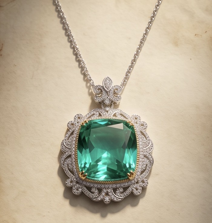 Brazilian's Briliance - emerald cut 33.7 carat Paraiba Tourmaline .925 Sterling Silver handcrafted necklace - Close-up of Brazilian Brilliance necklace with 33.7 carat Paraiba Tourmaline