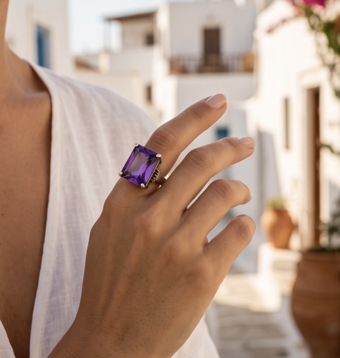 Purple Symphony 15.5 carat natural Amethyst rhodium over .925 Sterling Silver Handcrafted Ring size 8 - Amethyst ring worn on hand, showcasing stone's vibrant color.