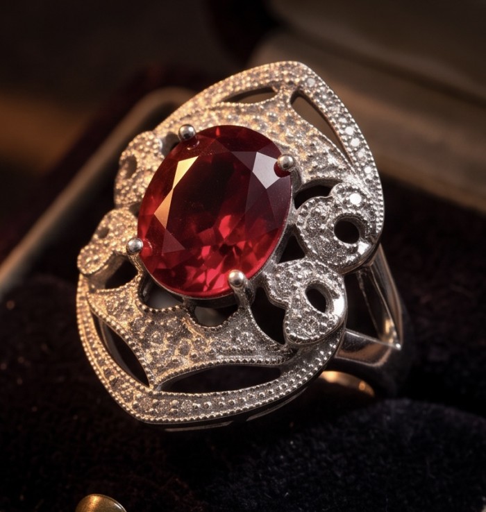 Bella Rosa Genuine 4.9 CARAT Ruby rhodium over .925 Sterling Silver Statement Ring size 8 1/4 - Close-up of Bella Rosa 4.9 carat ruby ring with intricate silver design