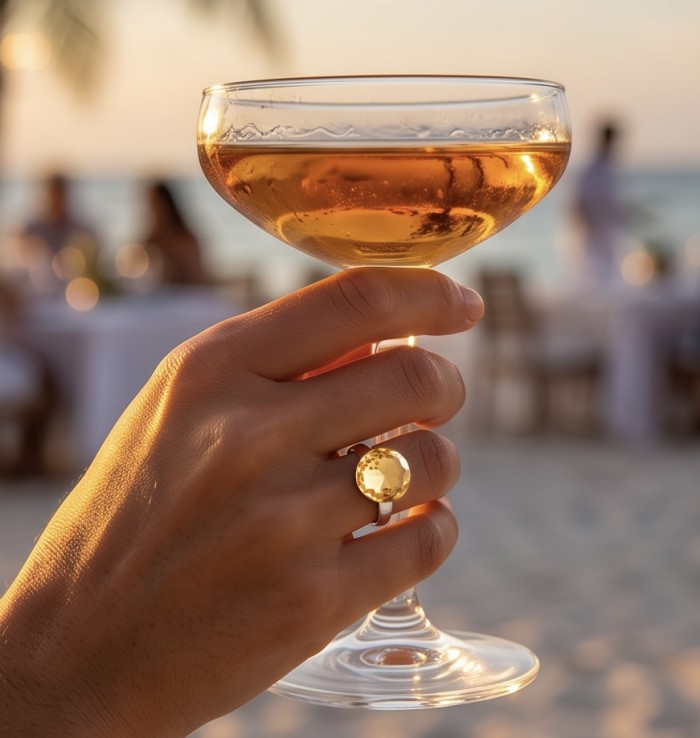 Modern Concept Golden Sphere - Natural faceted Baltic Amber .925 Sterling Silver ring s. 6 - Amber ring on hand holding cocktail glass at sunset beach scene