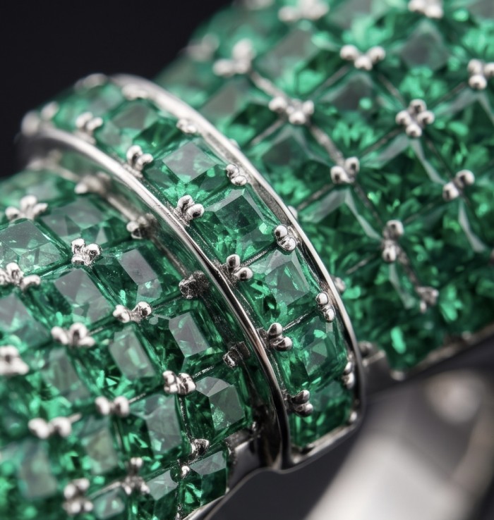 Precious Emerald bow- mystery setting authentic 16.2 carat Emerald .925 Sterling Silver Eternity Ring size 6 1/4 - Emerald stone close-up, mystery setting, 16.2 carat, detailed view.