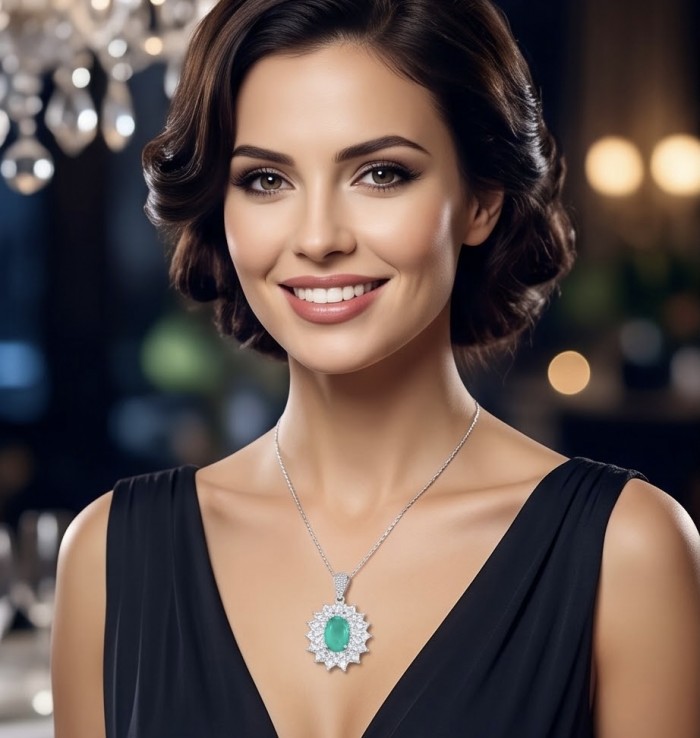 Isabella 3.2 carat oval cut Emerald .925 Sterling Silver Perfectly handcrafted pendant - Woman wearing Isabella 3.2 carat emerald necklace, front view.