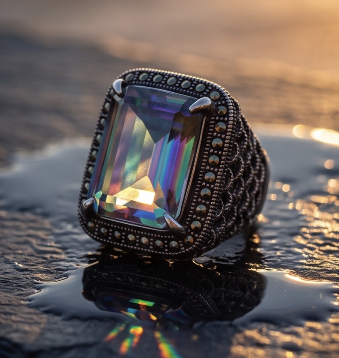 Big Dreamer Massive 25.8 carat Mystic Topaz .925 Sterling Silver handcrafted Large ring size 8 - Close-up of 25.8 carat Mystic Topaz ring on wet surface