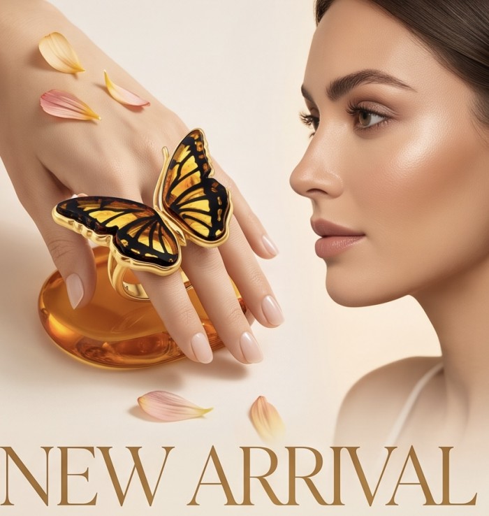 Butterfly Authentic Baltic Amber .925 Sterling Silver dipped in 18K Gold handcrafted ring; s. 8 adjustable - Butterfly amber ring worn on hand, showcasing side view. New Arrival text.