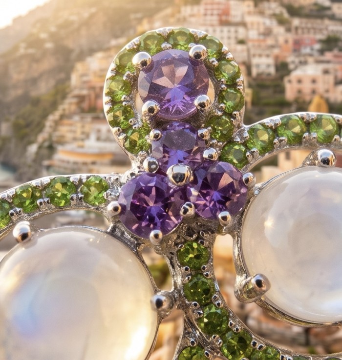 Cascades OF LIGHT Genuine 12.2 carat Fire Moonstone rhodium over .925 Silver handcrafted earrings - Close-up of jewelry's purple and green gemstones with fire moonstone.