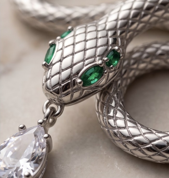 Very Unique Snakes .925 Sterling Silver handcrafted earrings - Close-up of snake-shaped sterling silver earring with emerald gems.