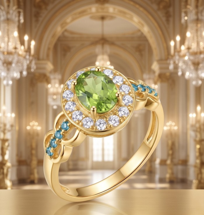 Emily 3.8 carat Peridot 18K Gold over .925 Sterling Silver Handcrafted Ring size 6 - Close-up of Emily Peridot ring, 18K gold over sterling silver.