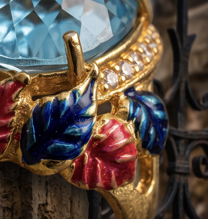 Pacifica - Authentic Fancy Rose cut 27.5 carat Swiss Blue Topaz Enamel 22K Gold over .925 Sterling Silver handcrafted Large Statement ring size 7 - Stone close-up of Pacifica ring with colorful leaf detail.