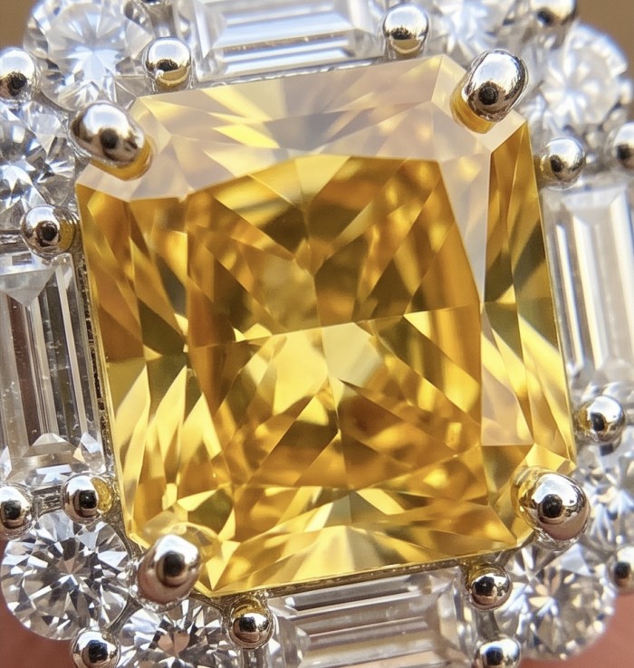 Art Deco 9.8 carat yellow Sapphire rhodium over .925 Sterling Silver handcrafted Statement Earrings - Close-up of Art Deco 9.8 carat yellow sapphire in sterling silver setting.
