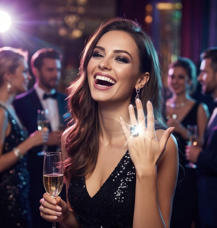 Natural 14.5 carat carved Green Amethyst rhodium over .925 Sterling Silver handcrafted ring size 5 3/4 - Woman wearing a sparkling Green Amethyst ring at a party.
