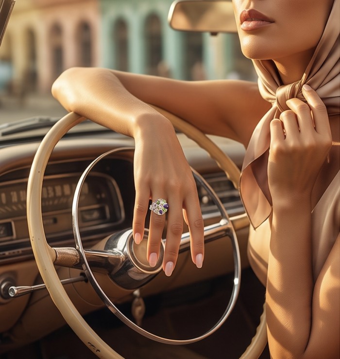 4.8 carat Brazilian Tourmaline .925 Sterling Silver dipped in rhodium Perfectly handcrafted Ring s. 6 - Tourmaline ring on hand, driving an antique car, elegant setting