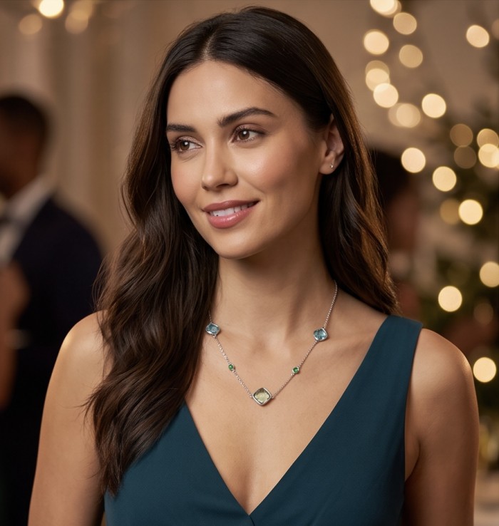 Infinity 18.5 carat Authentic Multigems Rhodium over .925 Sterling Silver handcrafted Statement necklace - Woman wearing Infinity multigems necklace, front view, evening setting.