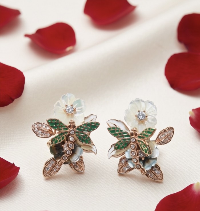 Spring carved Blister Pearl green Enamel 18K Rose Gold over .925 Sterling Silver brilliantly handcrafted Statement Earrings - Spring earrings front view with pearls and green enamel detailing