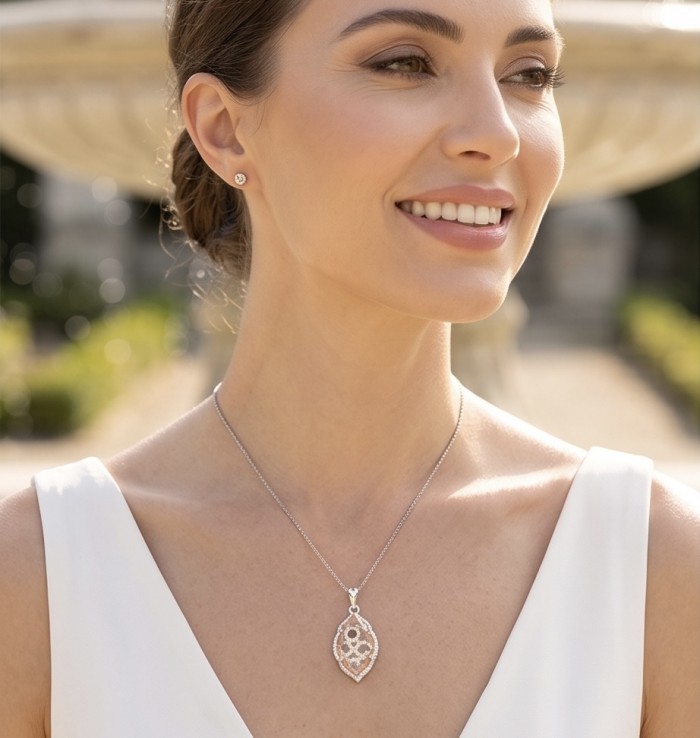 Jasmine 9.9 carat authentic Morganite .925 Sterling Silver Handcrafted pendant - Woman wearing Morganite pendant necklace, side view