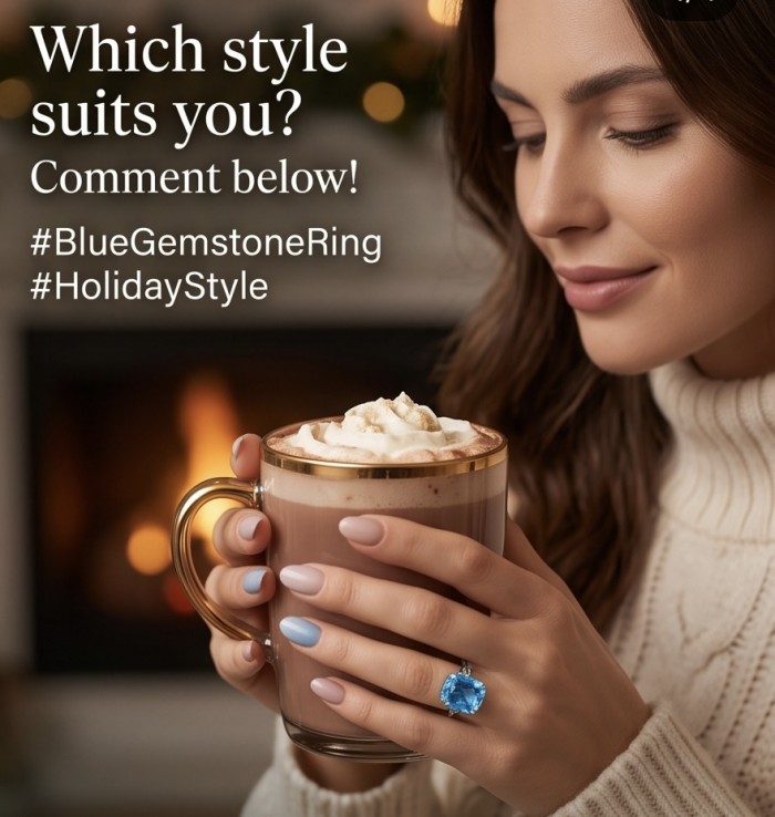 Pacifica - Authentic 22.8 carat Swiss Blue Topaz Rhodium over .925 Sterling Silver handcrafted Large Statement ring size 10 - Worn on hand, blue topaz ring showcased with a hot chocolate backdrop.