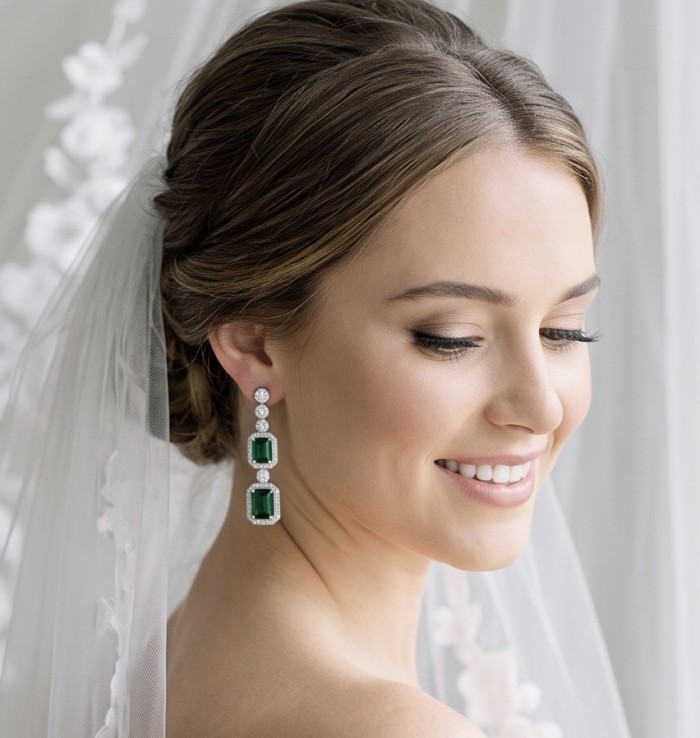 Ofelia - Authentic 5.5 CARAT natural Colombian Emerald .925 Sterling Silver handcrafted earrings - Side view of woman wearing emerald drop earrings with veil.