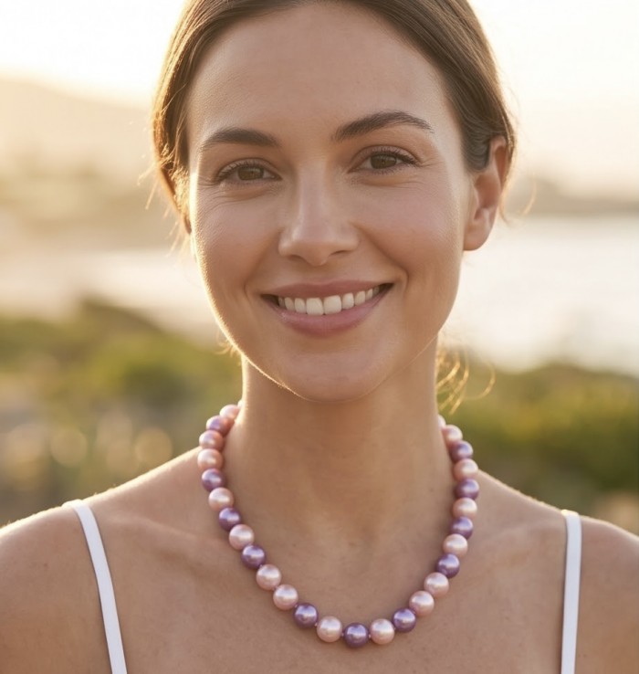 Pastel Dream - Outstanding fresh water Pearl .925 Sterling Silver handcrafted Statement necklace - Woman wearing Pastel Dream freshwater pearl necklace front view.