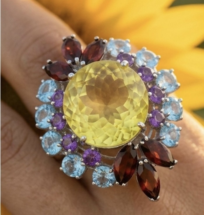 Isabel 18.8 carat Genuine Lemon Quartz Chroem rhodium over .925 Sterling Silver handcrafted ring size 8 - Close-up of Isabel ring with lemon quartz worn on hand.