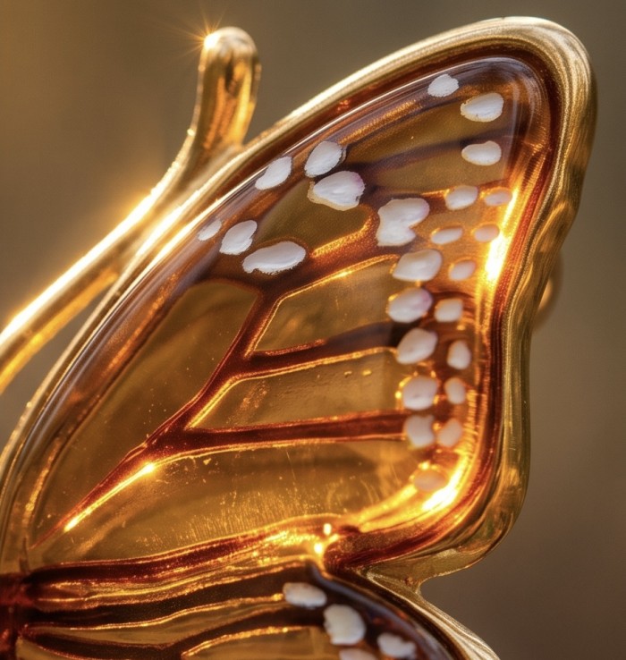 Golden Butterfly Authentic carved Baltic Amber 18K Gold over .925 Sterling Silver handcrafted pendant - Close-up of golden butterfly brooch with carved amber and 18K gold details