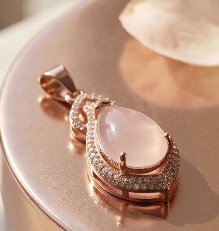 Scarlett 8.5 carat Brazilian Rose Quartz 22K Gold over .925 Sterling Silver handcrafted Statemen pendant - Rose quartz pendant close-up, 22K gold with diamond accents.