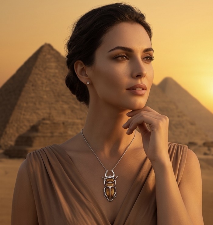 Secret Scarabaeus Baltic Polish Amber .925 Sterling Silver dipped in Rhodium Pendant / Brooch - Woman wearing Secret Scarabaeus Amber Necklace, pyramids in background.