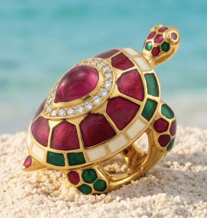 Good health and Long life Turtle Genuine 2.6 carat Ruby enamel .925 Sterling Silver dipped in 22K Gold handmade HUGE Ring size 6 - Turtle ring with ruby and diamonds on sand, side view close-up.