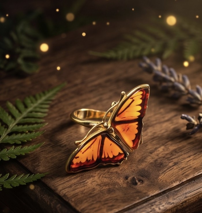 Butterfly Authentic Baltic Amber .925 Sterling Silver dipped in 18K Gold handcrafted ring; s. 6 adjustable - Butterfly amber ring on wood with fern, side view.