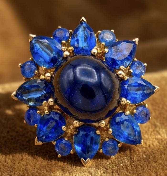 Incredible 22.5 carat Natural Sapphire from Tanzania 18K Gold over .925 Sterling Silver Brooch - Close-up of natural star sapphire ring with blue gemstones.