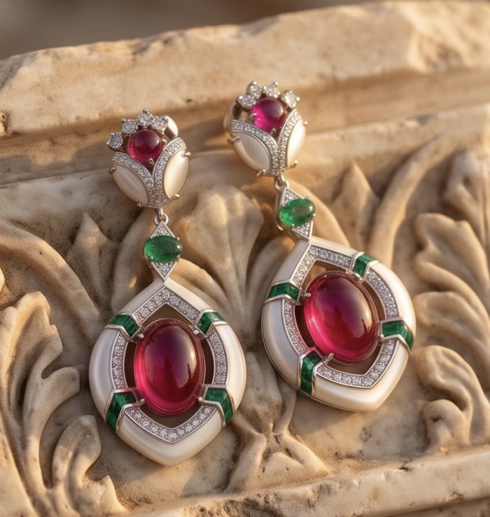 Art Deco - Countless Blessings Genuine 14.5 carat Authentic Ruby enamel rhodium over .925 Sterling Silver handcrafted earrings - Art Deco earrings with red and green stones, front view on stone background.