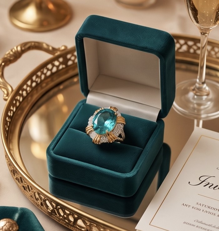 Real Treasure 21.5 carat Aquamarine 2 tones .925 Sterling Silver handcrafted ring size 7 - Aquamarine ring in box on mirrored tray, top view.