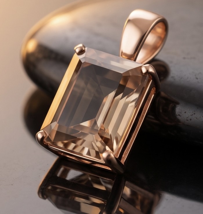 Tae Rose 5.5 carat Morganite .925 Sterling Silver dipped in 18K Gold handmade Pendant - Close-up of Tae Rose 5.5 carat Morganite pendant on reflective surface.