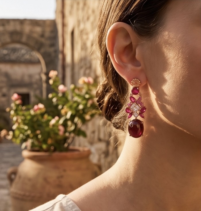 Extravaganza - 12.8 ctw Ruby 22K Rose Gold over .925 Sterling Silver handcrafted Statement handcrafted earrings - Close-up of ruby earring worn on ear, outdoor setting