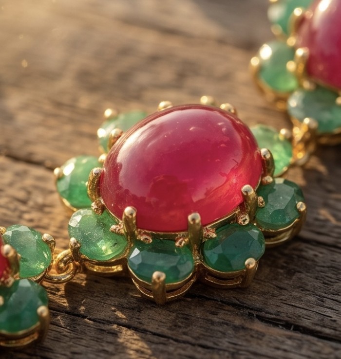 Juicy 22.2 carat Natural Kasmir Ruby 8.2 carat Colombian Emerald .925 Sterling Silver dipped in 22K Gold handcrafted Statement necklace - Close-up of 22.2 ct Kashmir ruby and 8.2 ct Colombian emerald jewelry