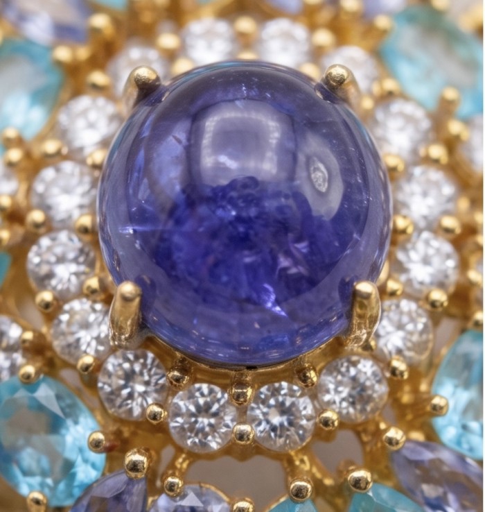 Emily oval cut 5.7 carat Authentic Tanzanite 22K Gold over .925 Sterling Silver handmade Statement ring size 8 - Close-up of Emily oval cut Tanzanite with diamonds and gold setting.