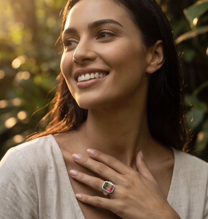 12.8 carat Brazilian Tourmaline .925 Sterling Silver dipped in rhodium Perfectly handcrafted Ring s. 8 - Woman wearing 12.8 carat Brazilian Tourmaline ring in natural light
