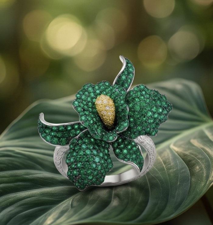 Precious Orchid Bloosom Genuine pave 18.5 carat Emerald .925 Sterling Silver handmade LARGE Statement Ring size 7 - Orchid-shaped ring with emeralds, top view, on a leaf background.