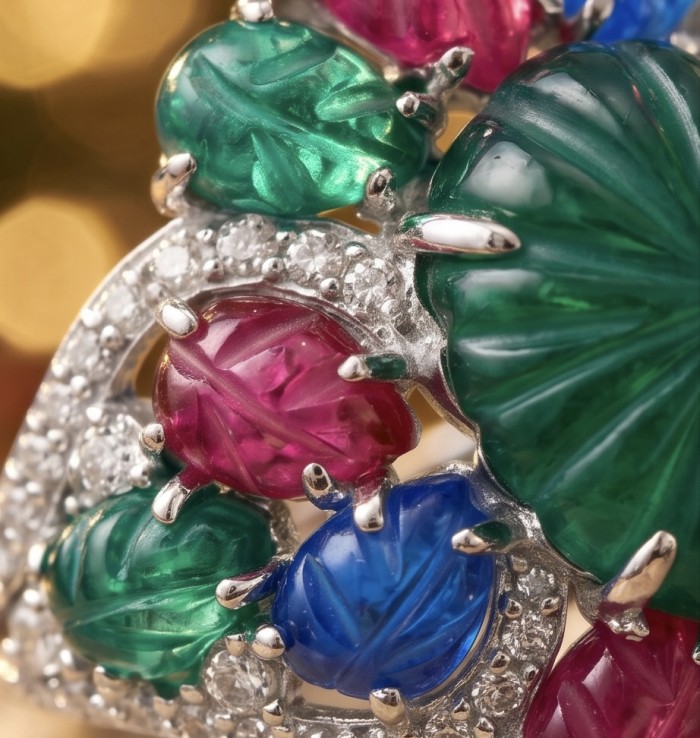 Giovanna 15.5 carat Emerald Ruby Sapphire rhodium over .925 Sterling Silver handcrafted ring size 8 - Close-up of emerald, ruby, sapphire stones in rhodium setting.