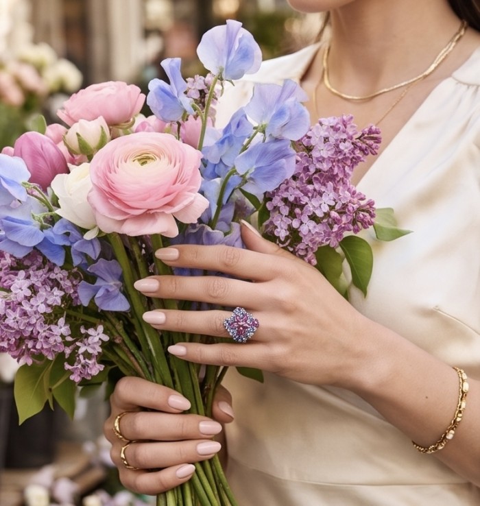 María Rosa - Natural 18.7 carat Tanzanite Garnet .925 Sterling Silver handcrafted Statement brilliantly Statement Ring size 7 1/4 - Bouquet with María Rosa ring worn on hand, showcasing stones.